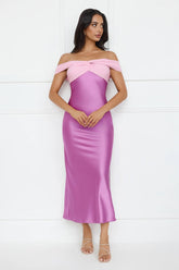 Luxe And Lavish Off Shoulder Satin Maxi Dress Purple